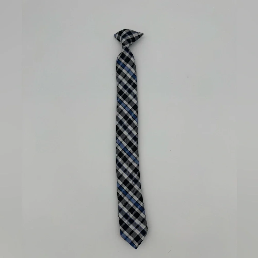 Boys Clip on skinny neck Tie plaid checkered blue black white dressy formal